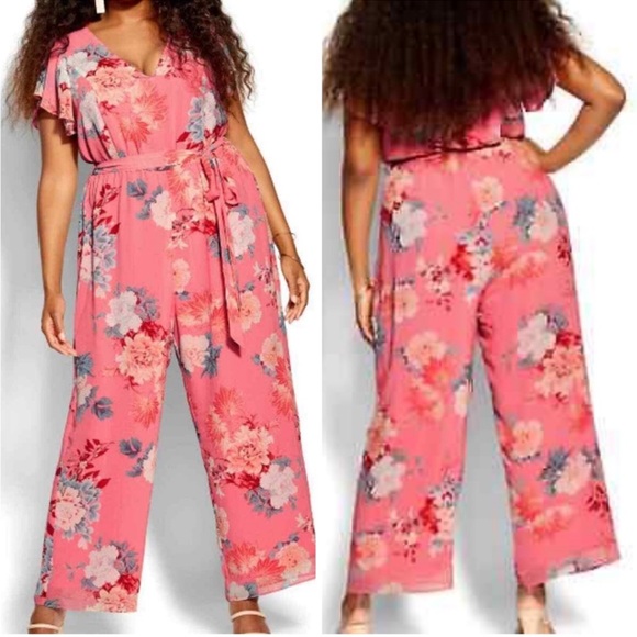 City Chic Pants - City Chic Summer Floral Jumpsuit - pink Size 14